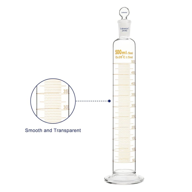 Labasics Graduated Cylinder with Stopper, 500 ml Borosilicate Glass Measuring Cylinder with 24/40 Standard Ground Joint Stopper, Durable Laboratory Glassware for Accurate Liquid Measurement - Image 2
